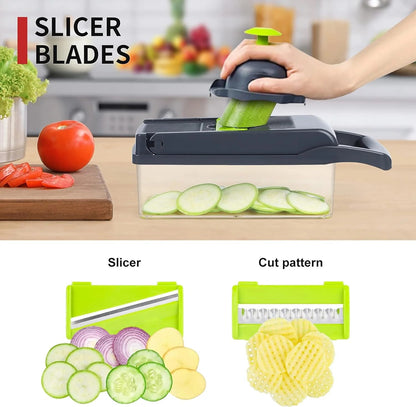 16-in-1 Multifunctional Vegetable and Fruit Cutter, Slicer, Dicer, Chopper, Peeler, Manual Kitchen Tool for Efficient Meal Prep
