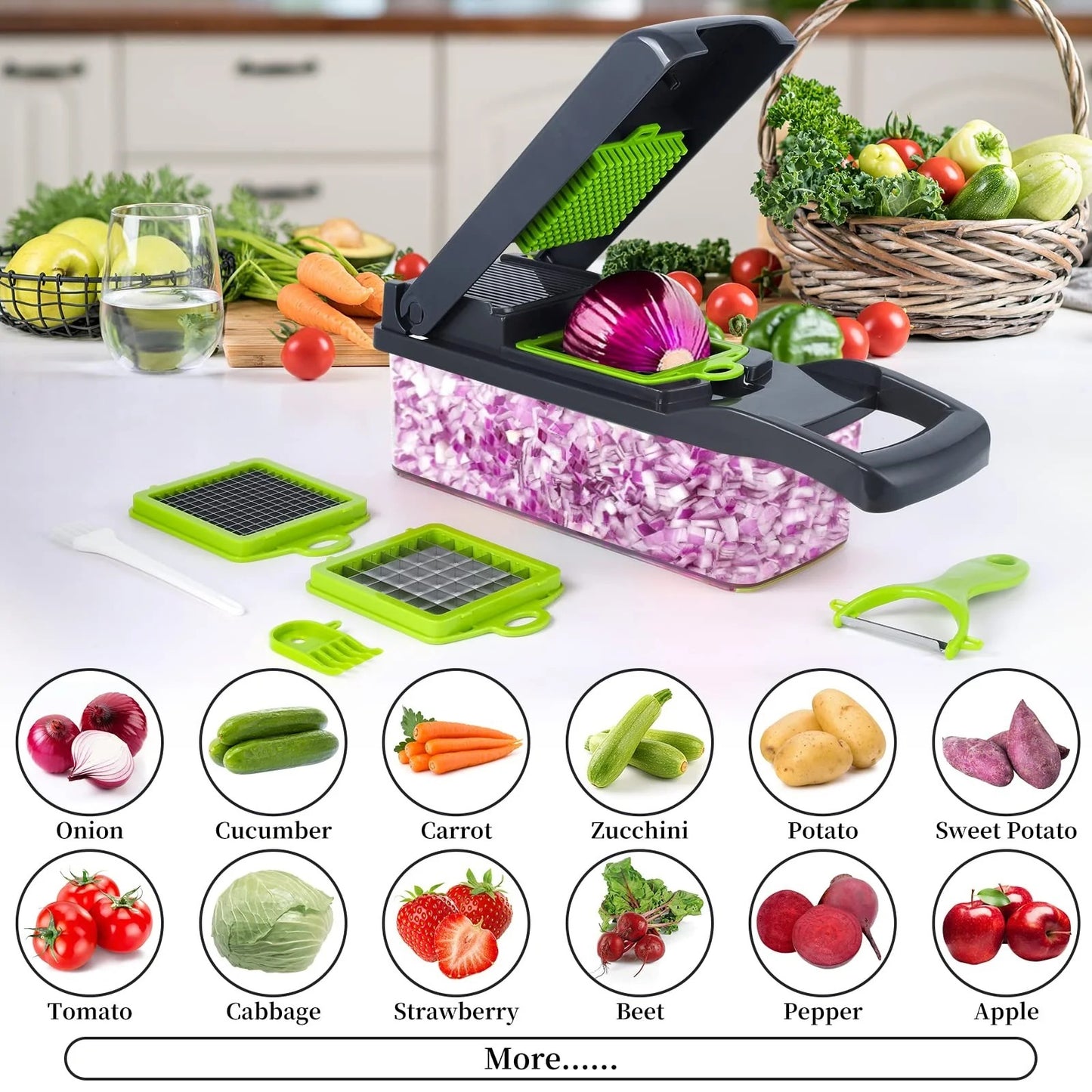 16-in-1 Multifunctional Vegetable and Fruit Cutter, Slicer, Dicer, Chopper, Peeler, Manual Kitchen Tool for Efficient Meal Prep